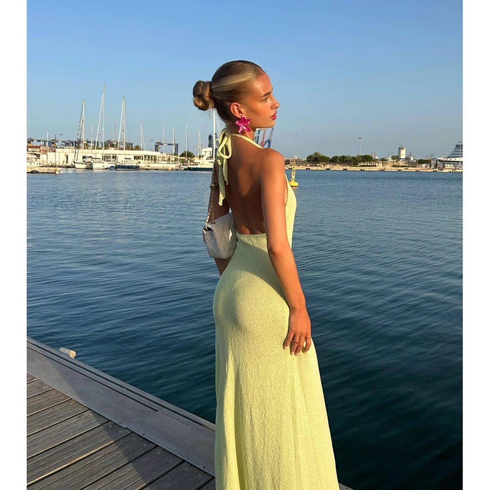 2024 Beach Top Knitted Tunic Bikini Sexy See Through Halter Maxi Dress Slit Summer Wear 250326