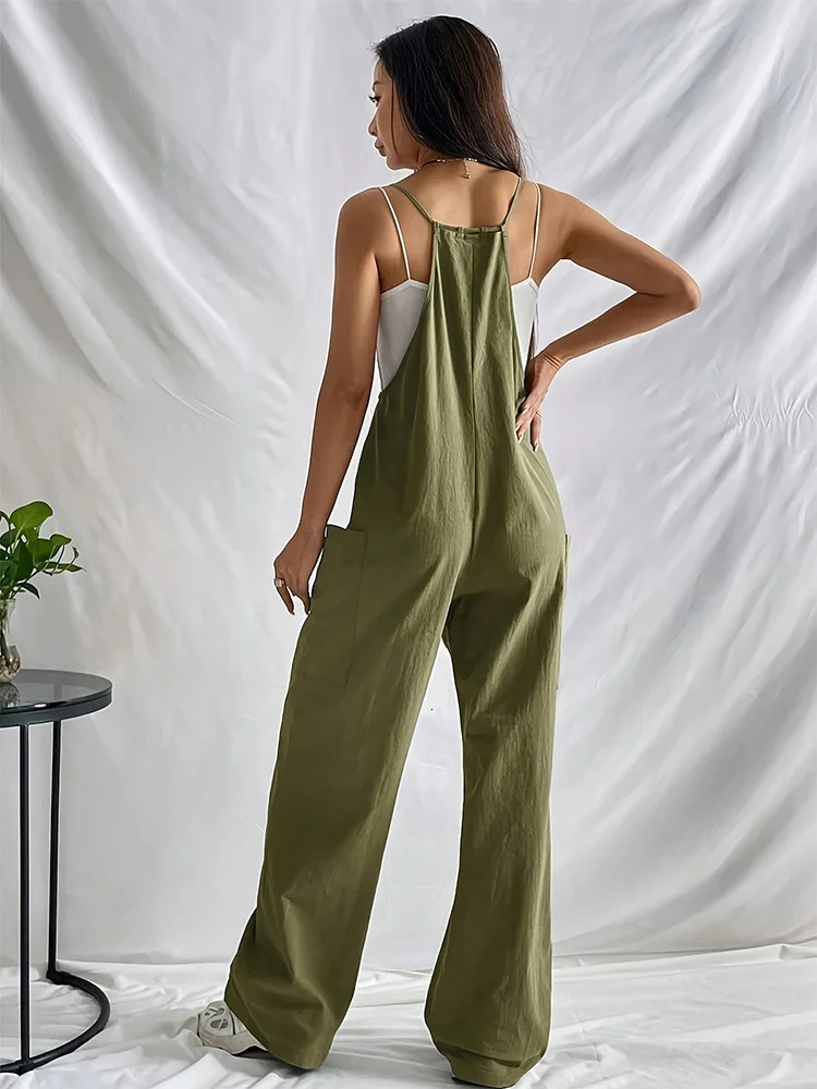 Womens casual minimalist hanging jumpsuit wide leg summer trend with pockets fashion in 250326