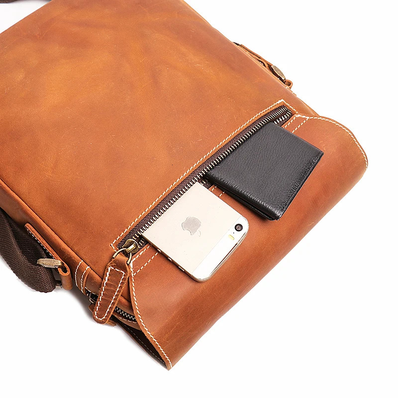 Mens flip magnetic buckle shoulder bag crazy horse leather casual cross body top layer denim iPad 250326
