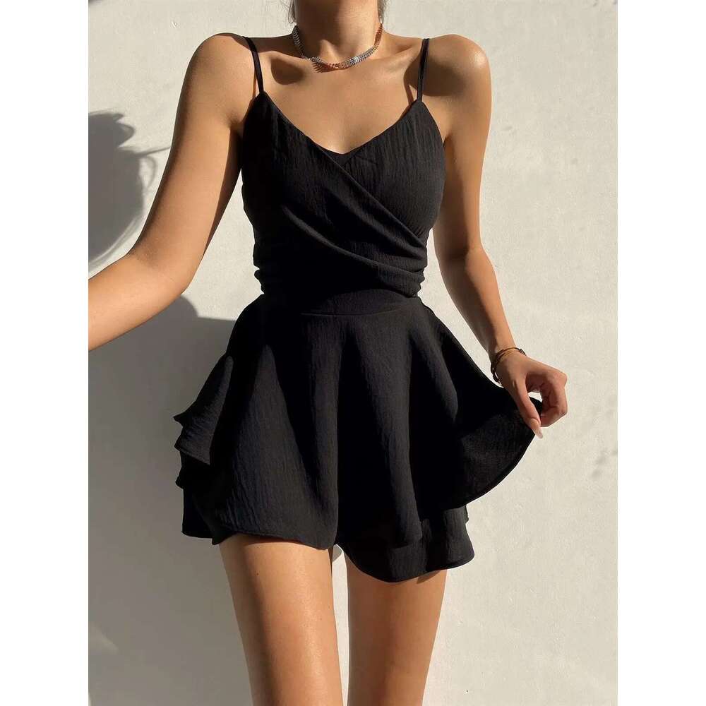 Sexy Slim Dresses Strap Suspender Y2k Solid Ruffles Rompers Summer Casual Threaded Slip Playsuits Female Elegant Clothes