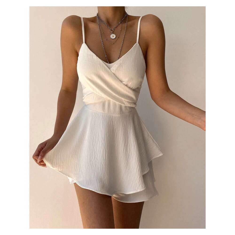 Sexy Slim Dresses Strap Suspender Y2k Solid Ruffles Rompers Summer Casual Threaded Slip Playsuits Female Elegant Clothes