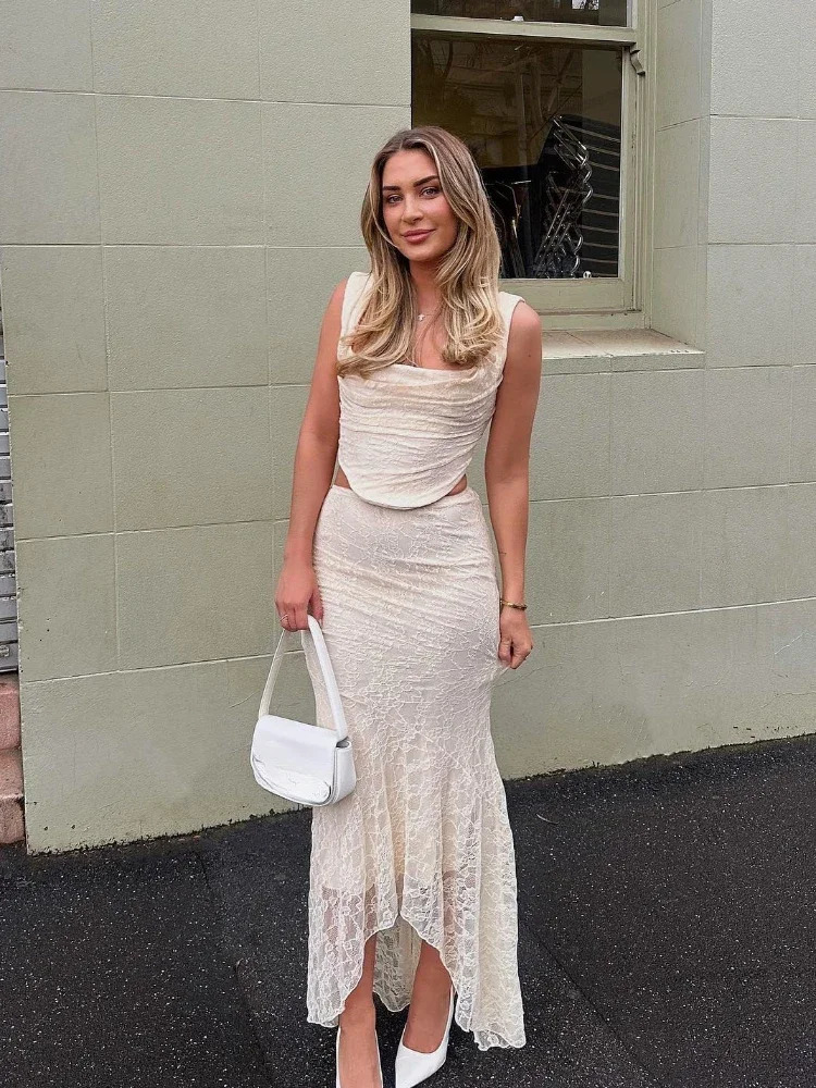 Olgai Elegant Wedding Guest Dress Womens Lace 2piece Set Beige Cut Top and Long Sexy Formal Event 250326