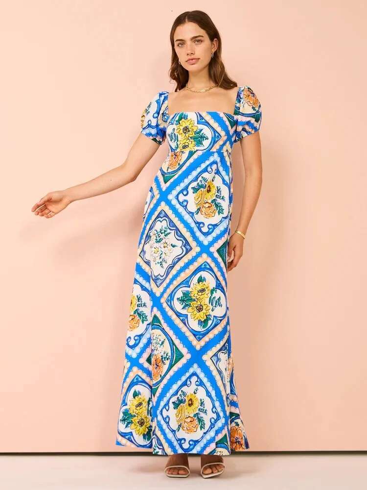 Dongdumaoyi Nieuwe Bedrukte Linnen Stof Met Pofmouwen Off Shoulder Lange Jurk C