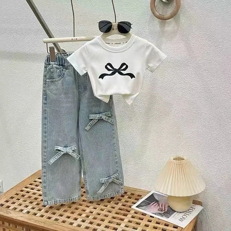 Childrens Clothing Sets Girls Bow Top Suit Kids Short-Sleeved T-Shirt Jeans 2 Pieces Summer Sweet Fashion Outfit 3-10 Years 250326