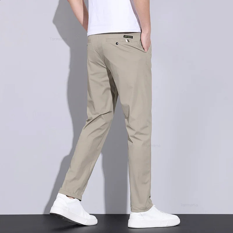 Summer Thin Mens Ice Silk Casual Pants High Elasticity Soft Cosy Business Straight Trousers High Quality Man Clothing Khaki 250317