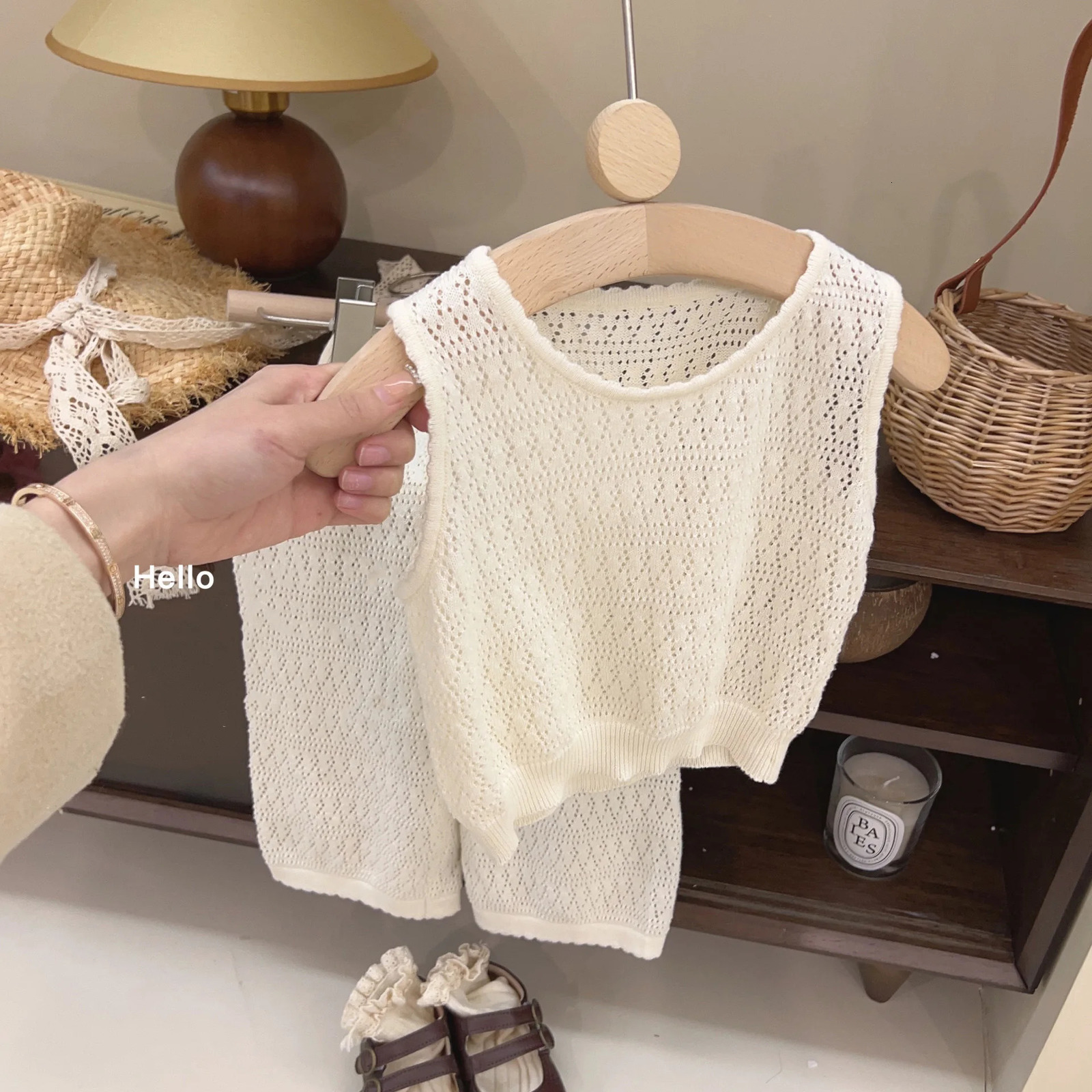 Girls Clothing Sets Summer Korean Thin Knitted Girl Set Children Hollow Breathable Vest Wide Leg Pants Two-piece Suit 250326