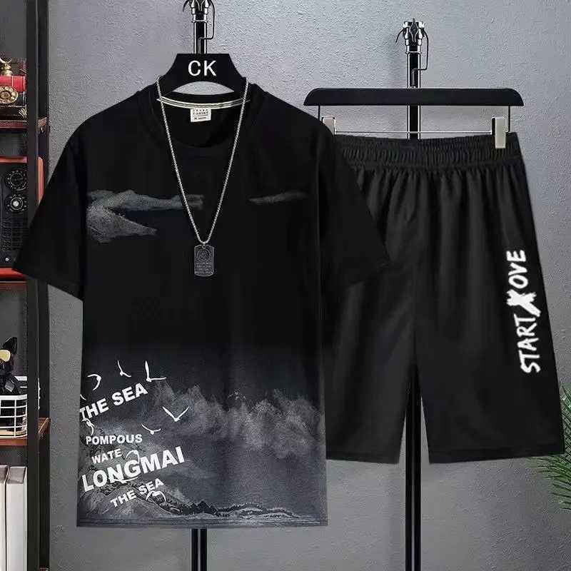Mens summer casual short sleeved T-shirt+shorts set sports pants anime sports two-piece fashionable sportswear T-shirtXJ250326