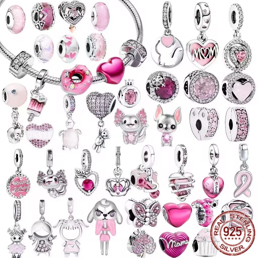 925 Silver Charm Pink Original Love Glass Heart Shaped Fashion Pendant DIY Bead Jewelry, Women's Special Gift Free Shipping