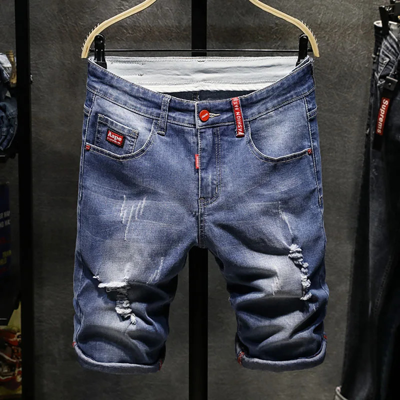 mens thin denim fashion shorts washed slim casual jeans Destroyed Ripped Plus size 250326