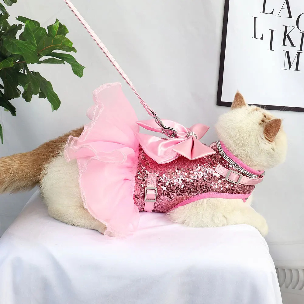 Pink Cat Dress Small Dogs Cats Summer Dresses With Cute Bowknot Bling Rhinestone Accessories Nylon Pet Vest Harness and Leash 250326
