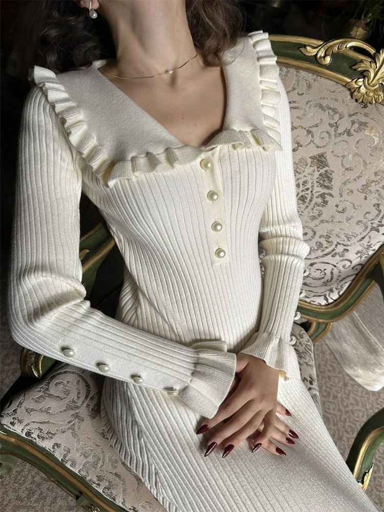 TARUXY High Waist Ruffled Maxi Dresses For Women Autumn Winter Knitted Slim Long Dress Womens Vintage Dress Woman Retro Elegant 250322