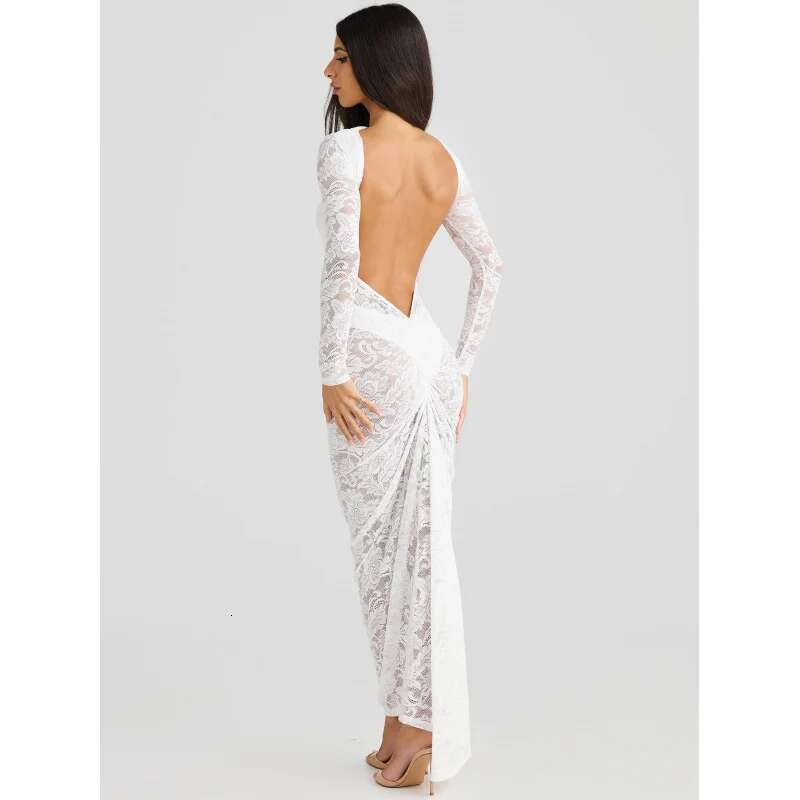 Dongdumaoyi Sexy Backless Kanten Bloemen Pure Slim Fit Bodycon Damesjurk Met Lange Mouwen C