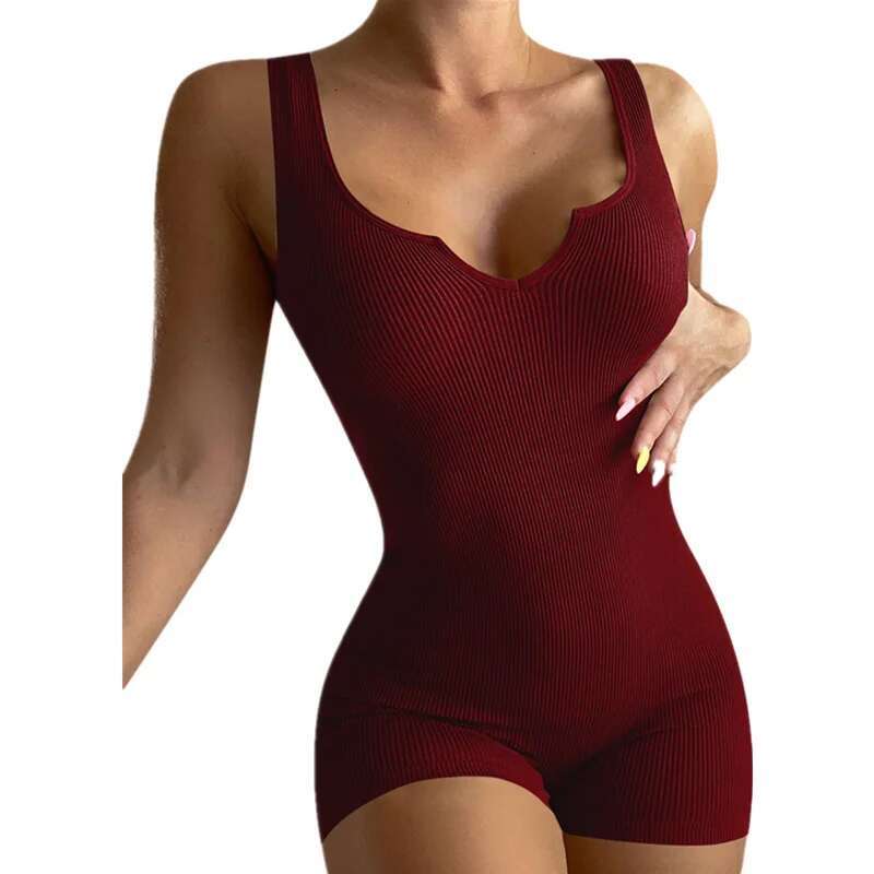 Dongdumaoyi Dames Nieuwe Lente Zomer Effen Kleur Geribbelde Kleine V Hals Slim Fit Casual Jumpsuit