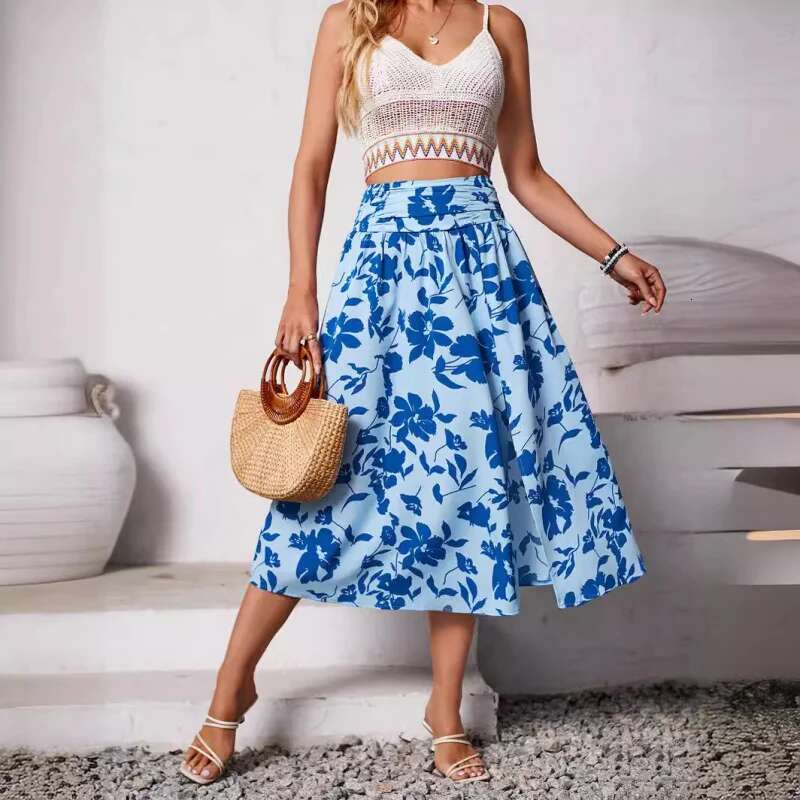 Dongdumaoyi Nieuwe Dames Zomer Casual Gesmokte Bloemenprint Rok C