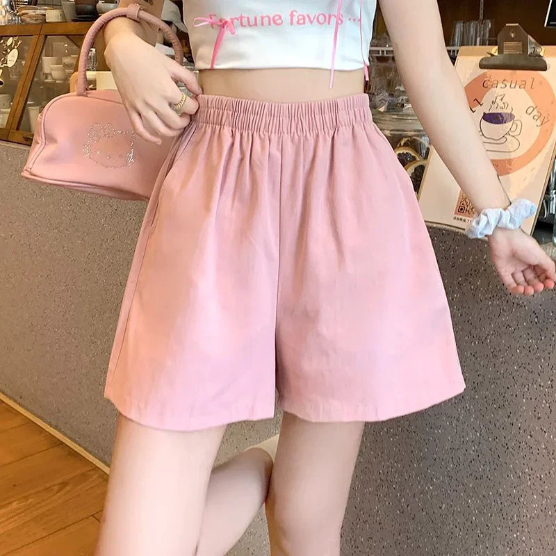 Summer Womens Double Pocket Cargo Shorts Solid Wide Leg Wash Cotton Girls Korean Bag High Waist Muffin 250326