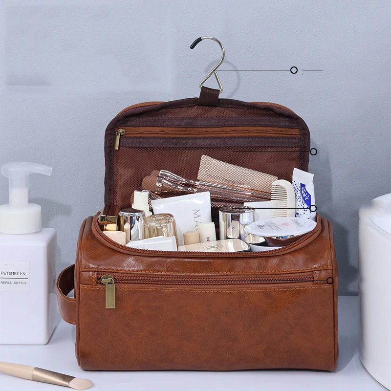 Leather mens business portable toilet bag hanging for womens travel large storage cosmetic waterproof face wash 250326