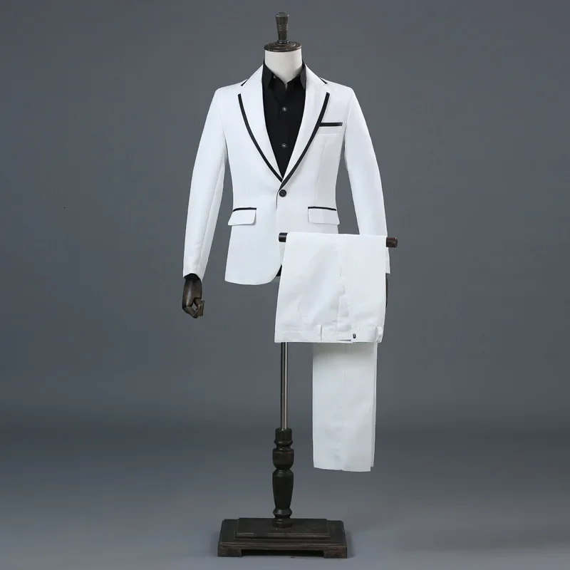 Paneled Suit 2piece mens singer host stage performance jacket pants black white gold and silver portrait dress set 250326
