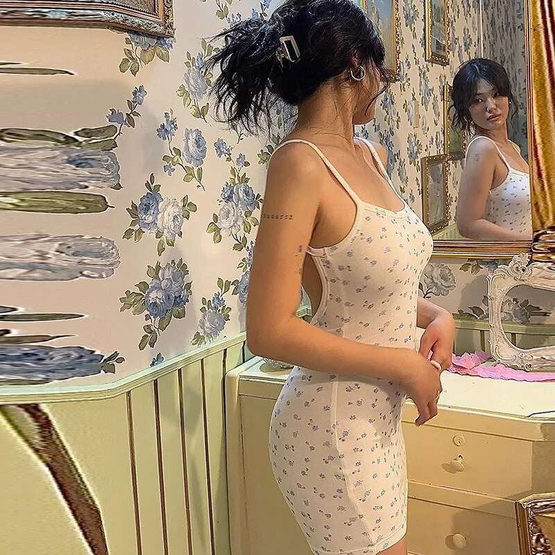 Fashion Women White Summer New Print Mini Dress Sexy Sg Backless Sleeveless Sheath Slim Dresses Female Clubwear