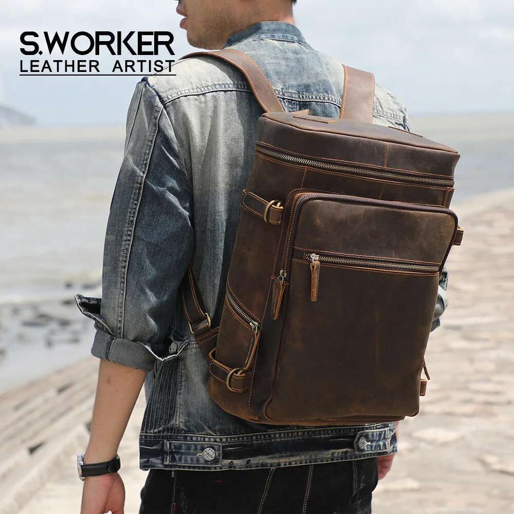 Vintage Genuine Backpack Laptop Crazy-Horse Leather School Outdoor Travel Weekender Shoulder Bag