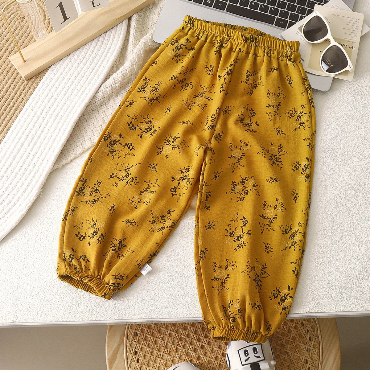 Childrens pants casual girls linen solid color loose pleated high waisted harem 250325