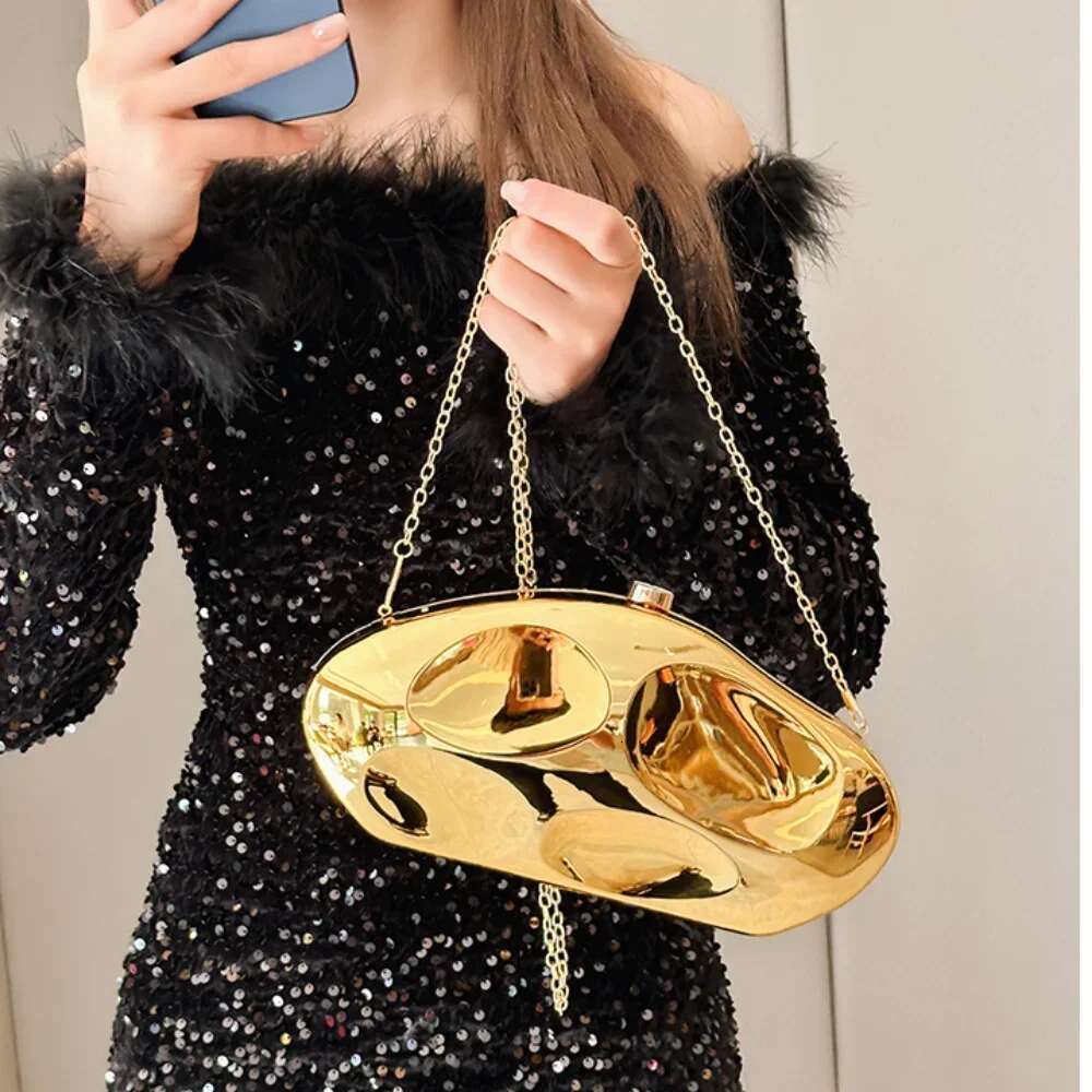Acrylic Shell Shape Gold Sier Blue Women Evening Party Cute Metal Shiny Purse Handbag 2024 Wholesale Clutch Bag