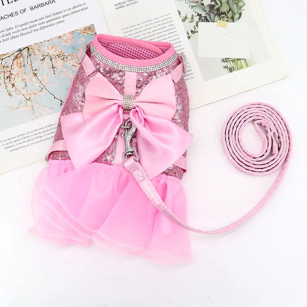 Pink Cat Dress Small Dogs Cats Summer Dresses With Cute Bowknot Bling Rhinestone Accessories Nylon Pet Vest Harness and Leash 250326