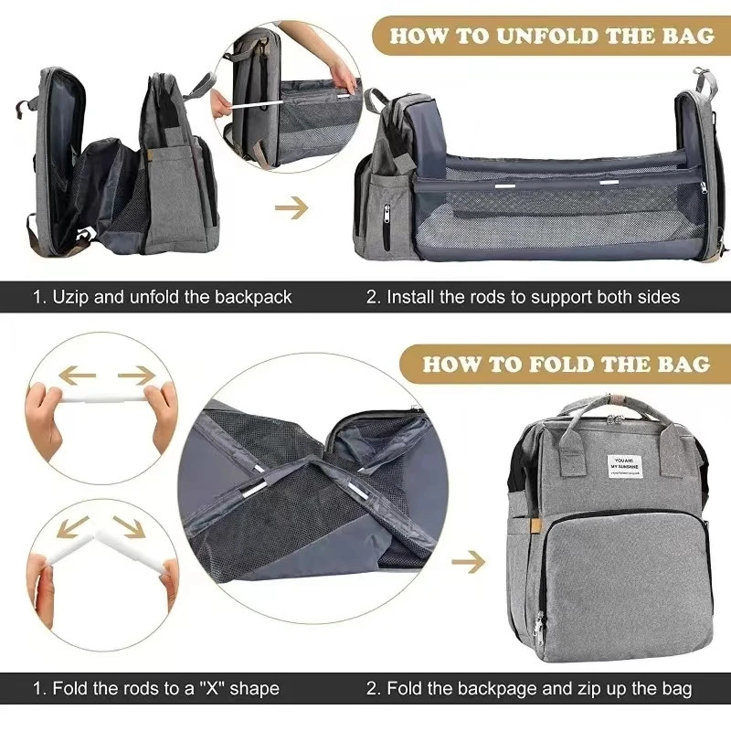 Foldable bed diaper bag with changing station insulated pocket and large capacity Multifunctional Double shoulder mommy bag 250326