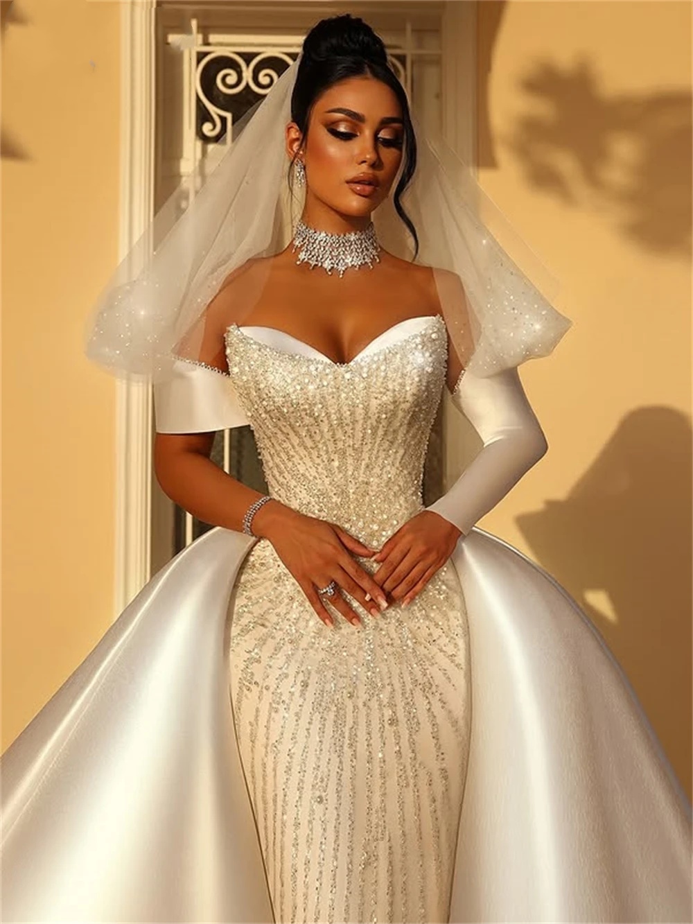 Luxurious Mermaid Wedding Dress Sweetheart Neck Off Shoulder Bridal Gowns Sequins Pearls Lace Detachable Train Dresses Custom Made vestidos de novia