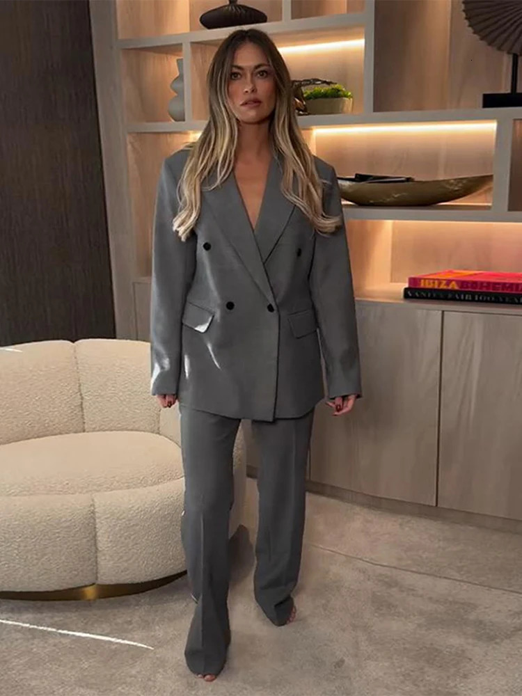 Womens Office Set Elegant Collar Button Full Sleeve Jacket Loose Waist Long Trouser Fashion Street Clothing 250326