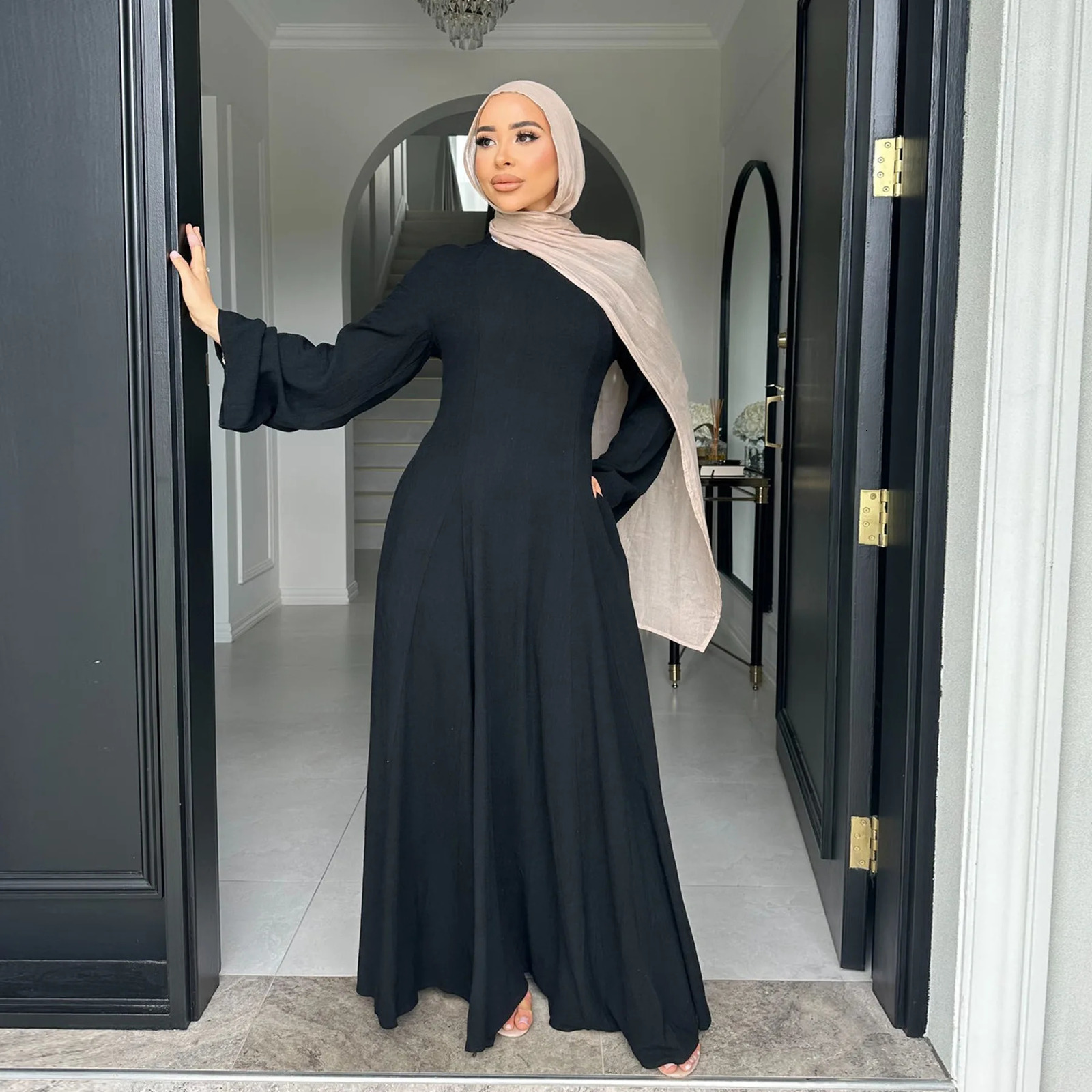 Muslim Womens Wear Dubai Abaya Solid Strap Adjustment Dress Islamic Modest Clothing 250326