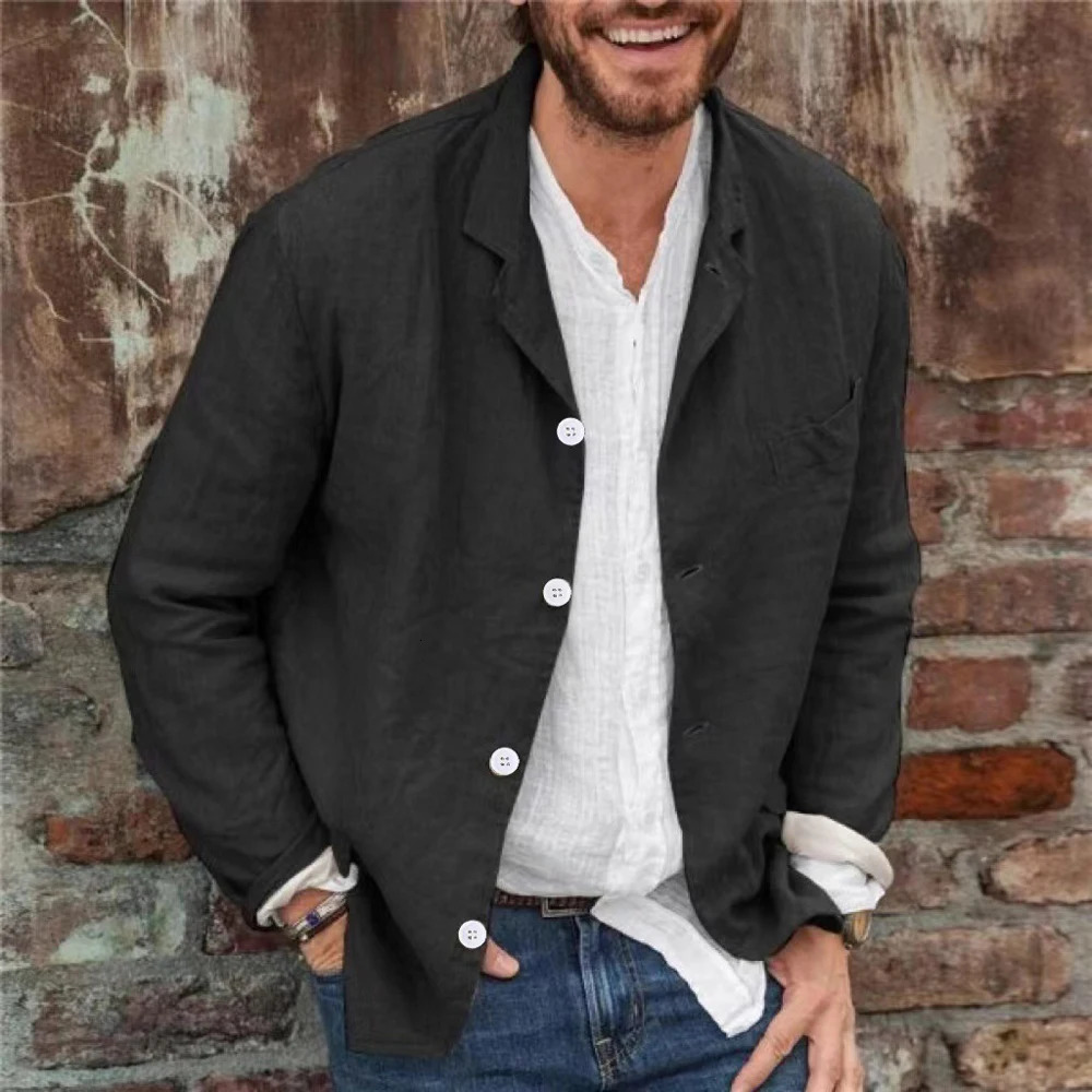Mens casual loose suit jacket fashionable solid color lapel button long sleeved linen cardigan business commuting 250326