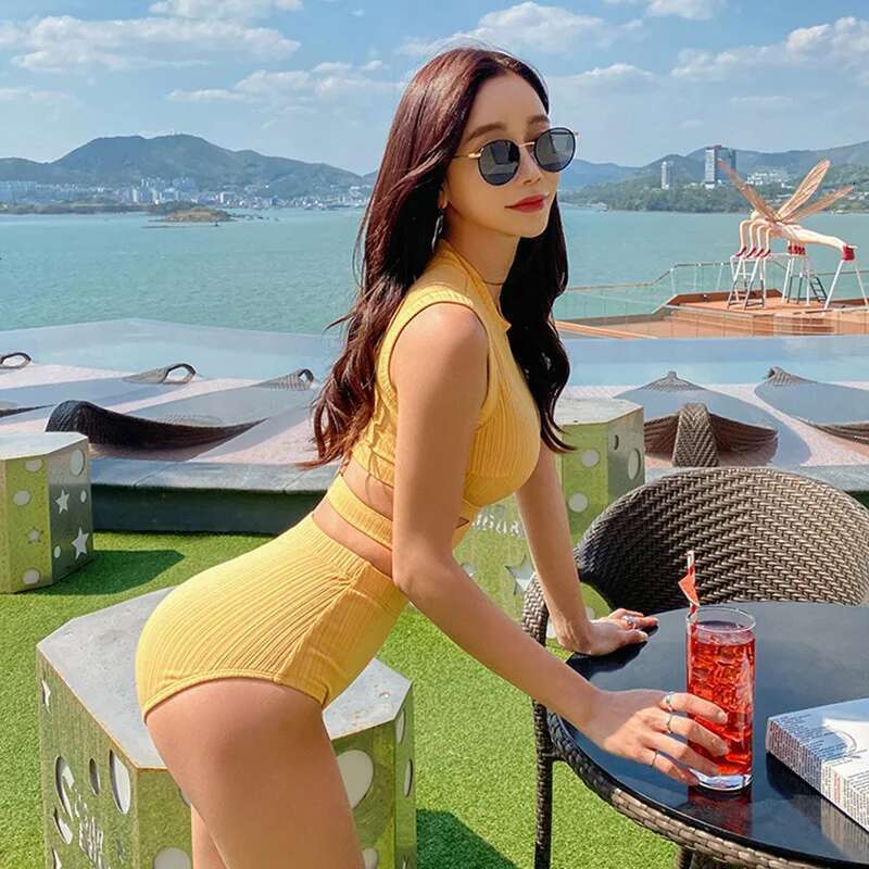Chic Yellow Swimwear Set Featuring a Neck Crop Top and High Waist - Ideal Summer Beach Essentials