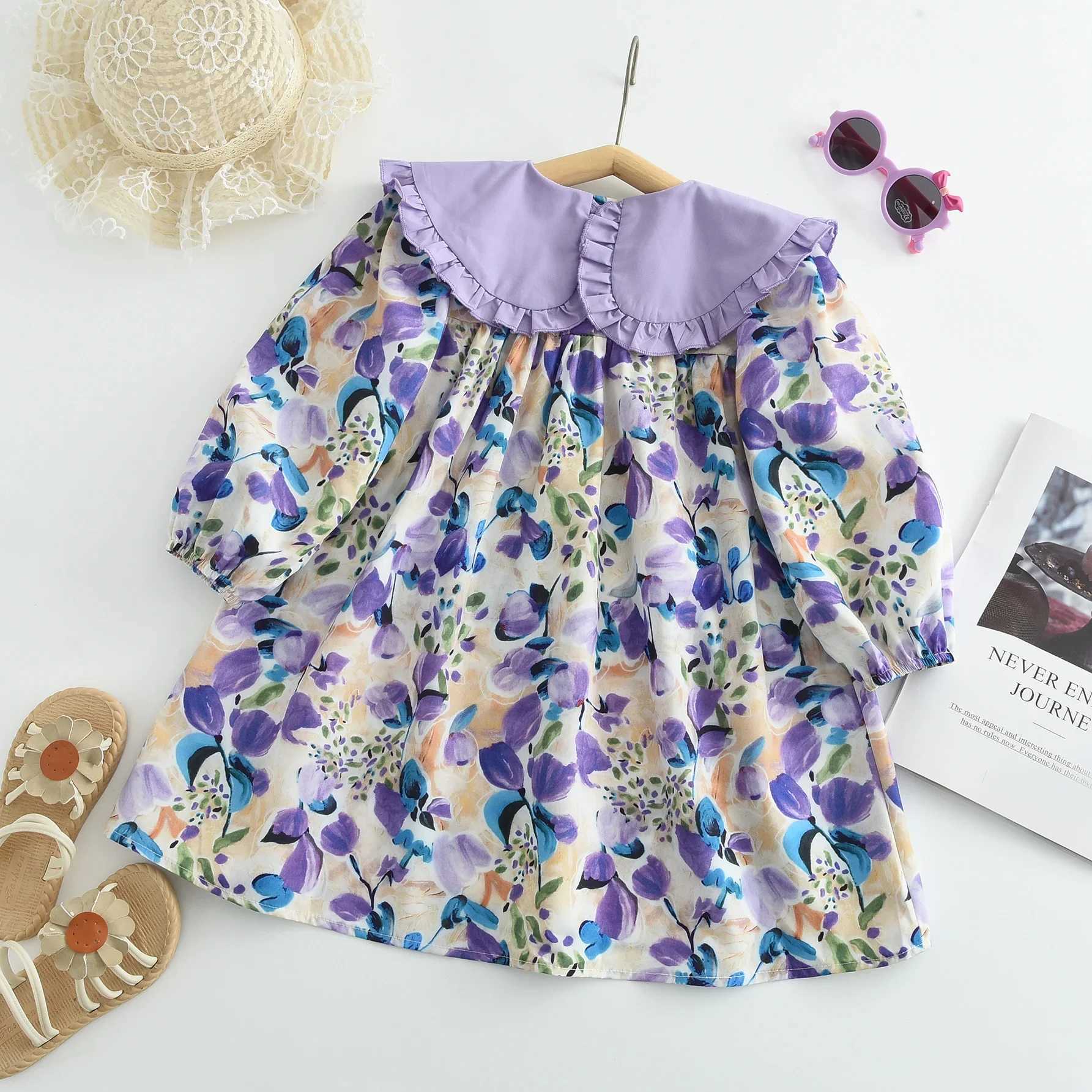 Girls casual dress with purple floral print lace lapel puff sleeves and long sleeved floral Par dress for children aged 2 to 7 W250326