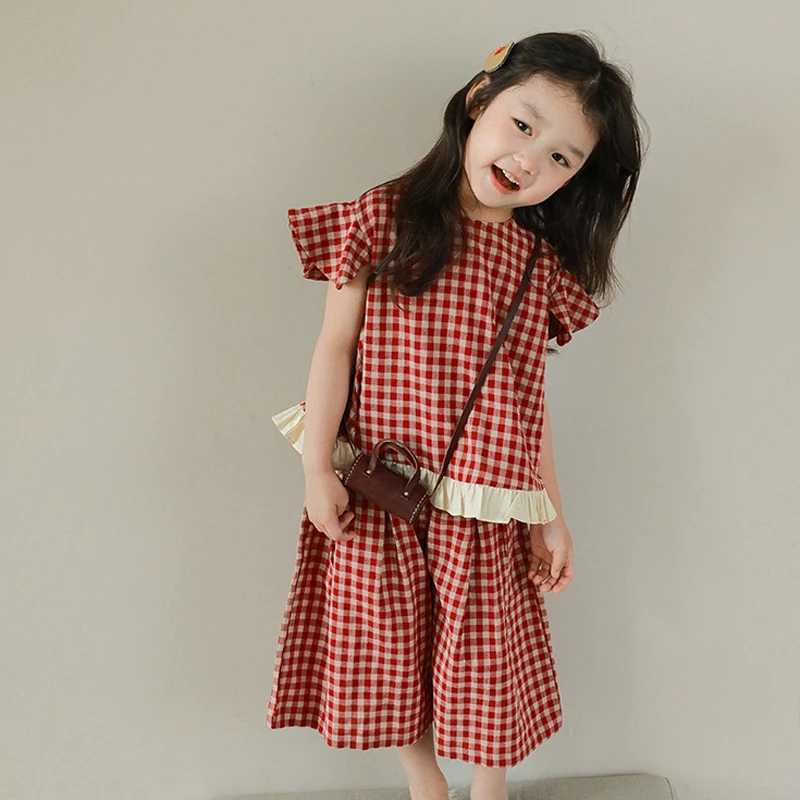 2023 Summer New Girl Plaid Set Personalized Small Sleeve Short Sleeve+Wide Leg Pants Fashion Clothing SetT250327