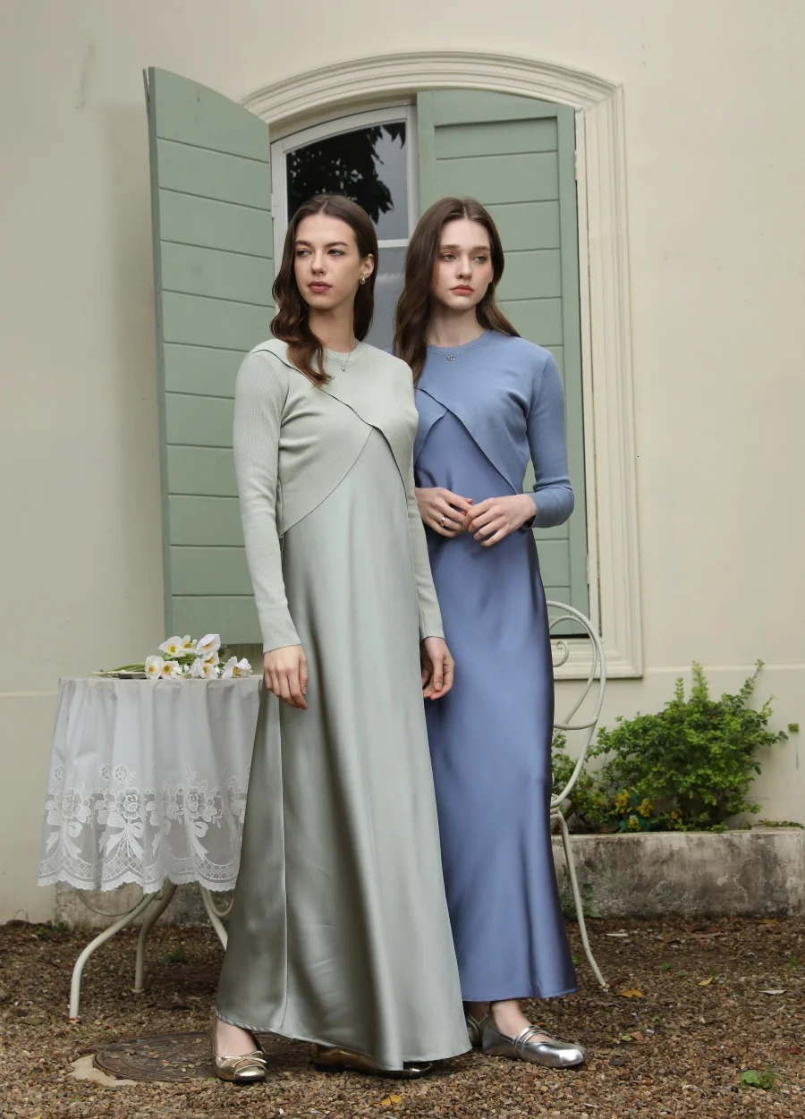 Spring/Summer Elegant Satin DressKnitted Top Matching Set Maxi Floor Length Womens Dress 250322