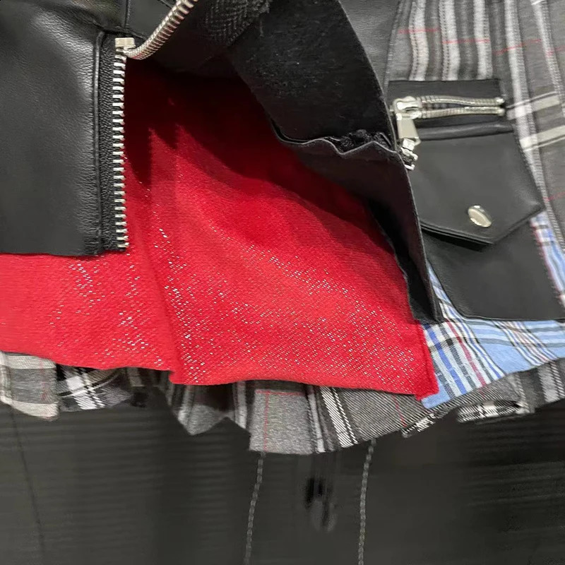 2025 Womens Cotton Lace Patchwork Plaid Mini Leather Skirts Streetwear Female Modern Punk Irregular Pleated Skirt 250322