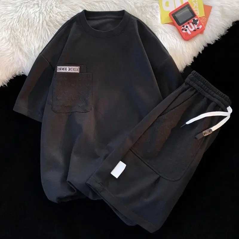 Summer loose short sleeved set for couples O-neck pocket simple casual wild T-shirt mens two-piece setXJ250326
