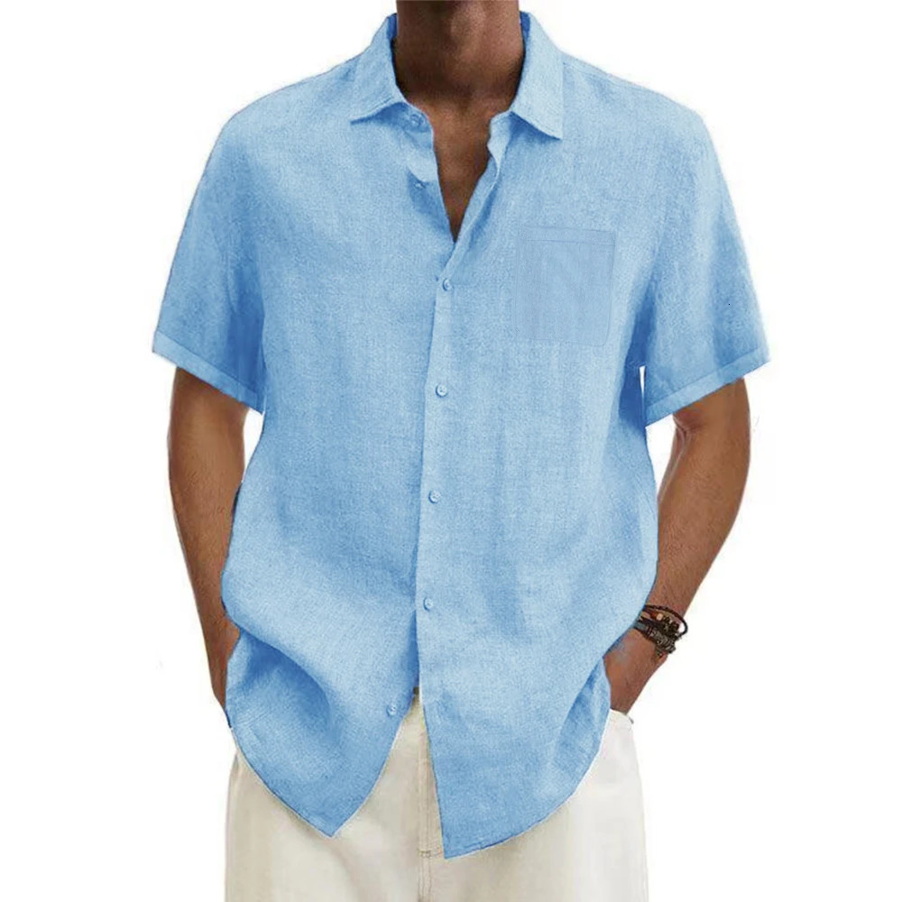 Mens cotton linen selling mens short sleeved summer solid color lapel casual beach style plus size top 250326