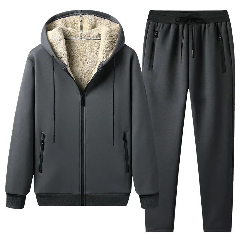 Winter track and field clothing mens wool sports suit running jogging hooded sweatshirt pants thick warm 250326