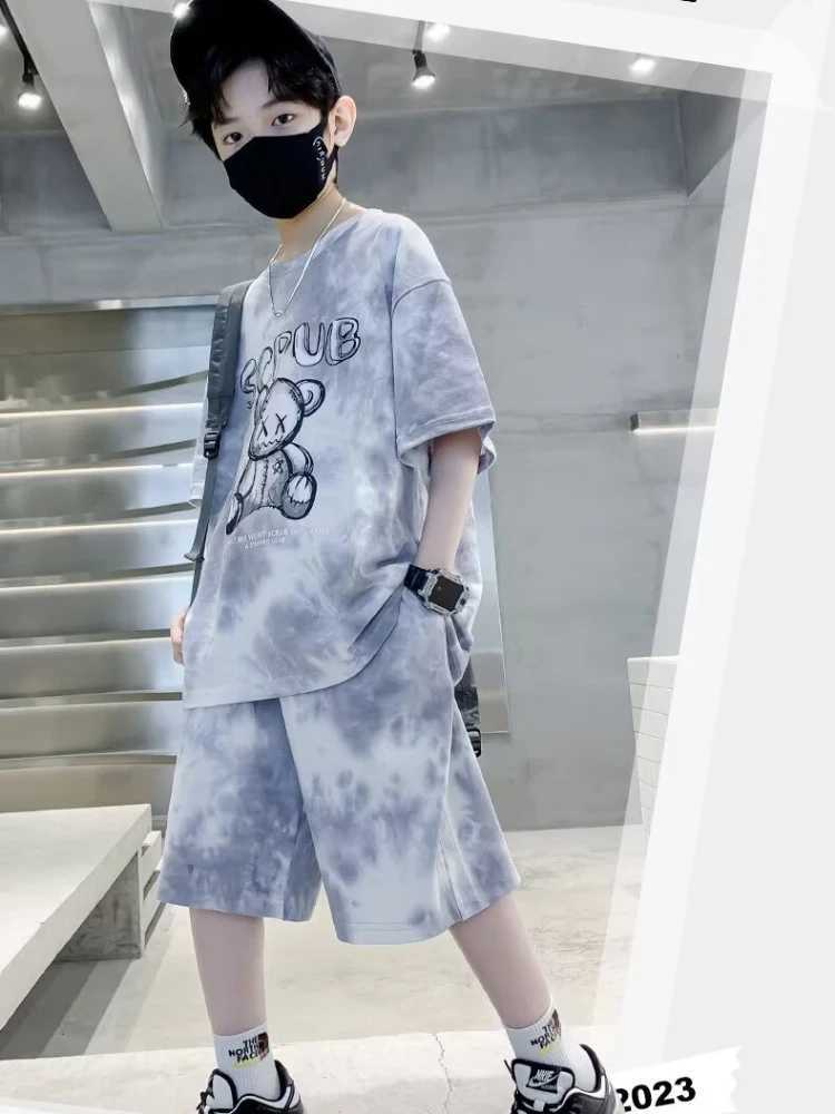 Summer boy cartoon bear costume set childrens girl tie dye T-shirt and shorts 2-piece set childrens topT250327
