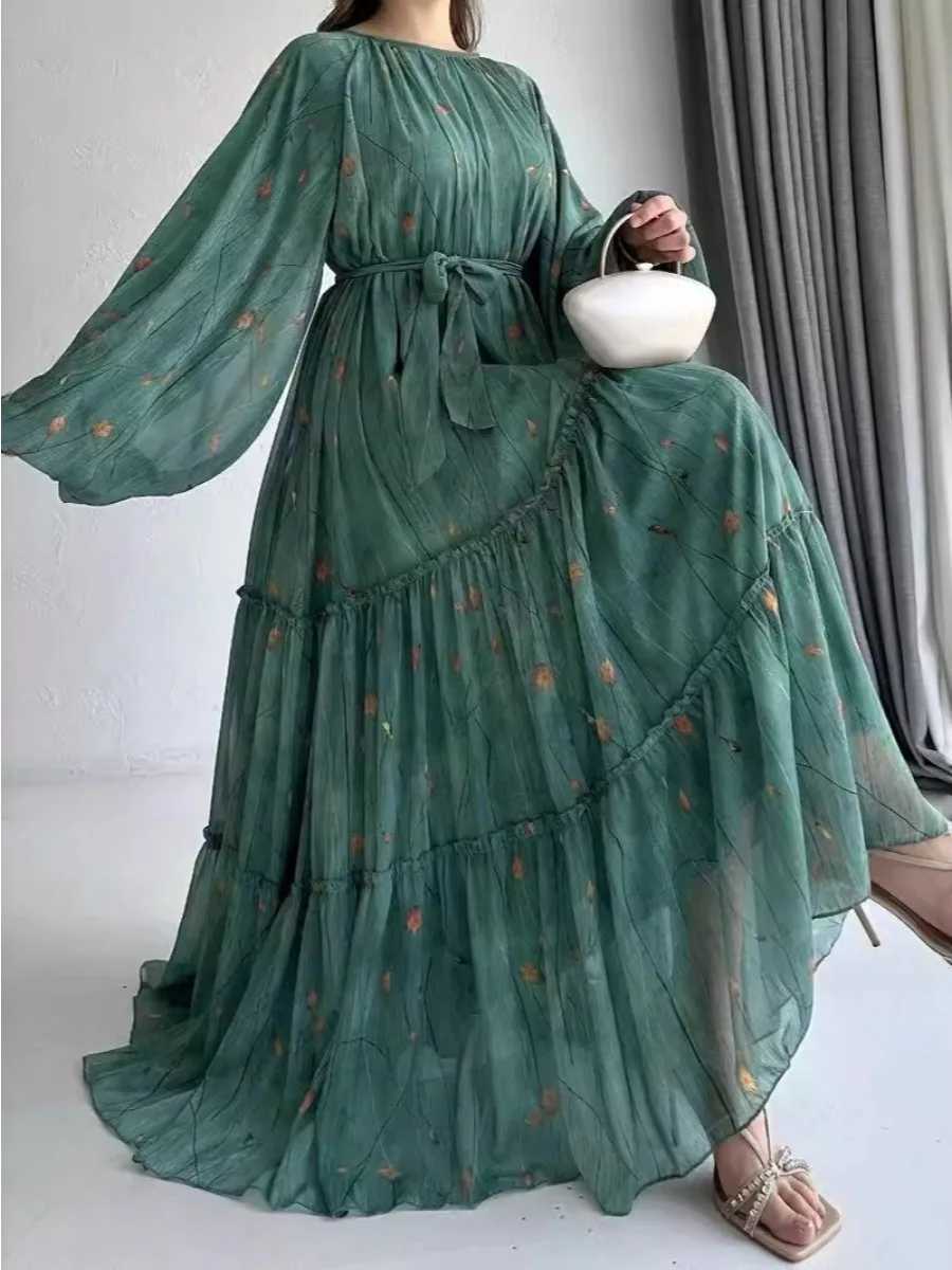 Eid Muslim Abaya Dress for Women Print Chiffon Sashes Jalabiya Kaftan Islam Vestidos Largo Arab Long Robe Ramadan Morocco Abayas X2505141