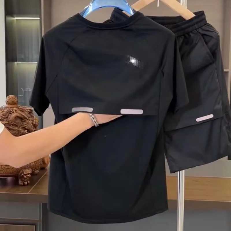 2024 Summer New Mens Breathable Perforated Ice Silk Short Sleeve Set Loose Quick Drying Sports and Leisure Two Piece SetXJ250326