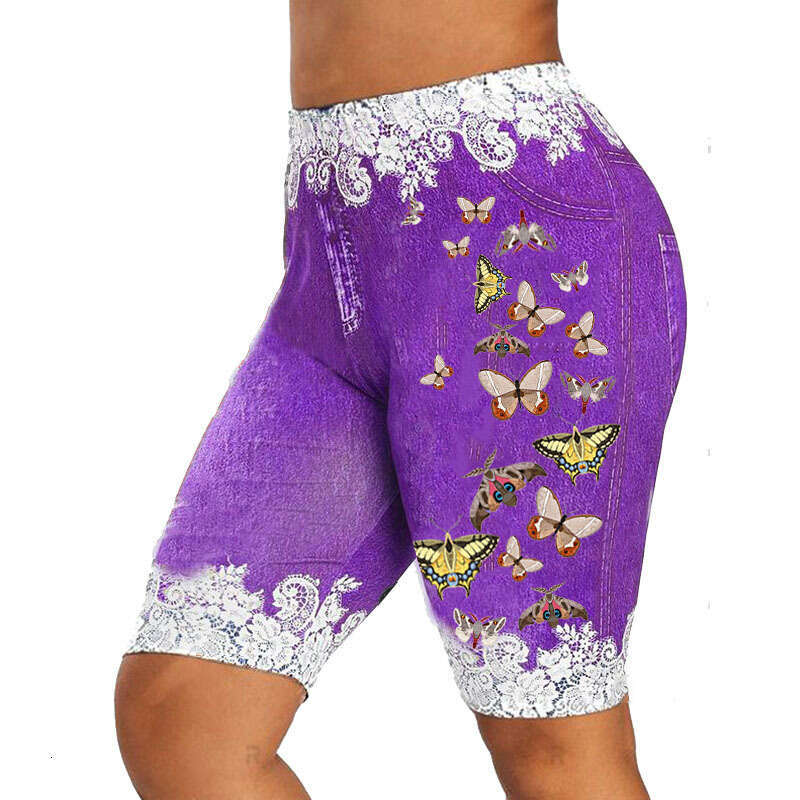 Women Yoga Pants Printed Lace Imitation Denim Butterfly Pattern High Waisted Yoga Shorts And Fitness Pants With Hip Lifting