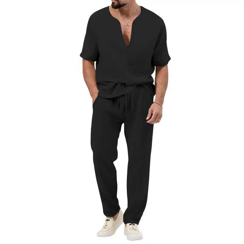 Mens summer two-piece casual sportswear European and American mens solid color cotton linen short sleeved pants setXJ250326