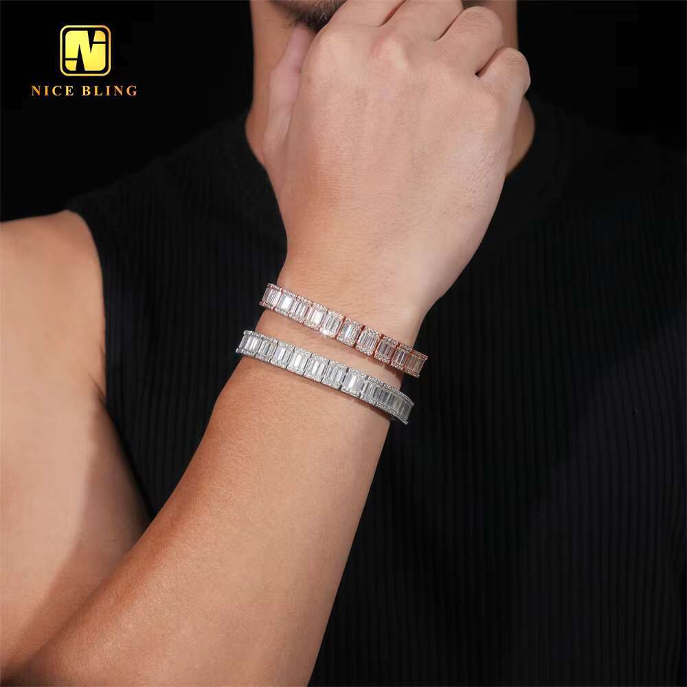 Luxury Hip Hop Unisex Jewelry Baguette Custom Iced Out Diamond Cuban Link Chain 925 Silver VVS Moissanite Bracelet Bangle