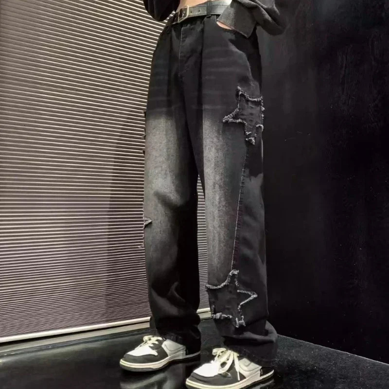 Stars Patchwork Mens Jeans Fashion Y2K Tassel Pants Korean Clothing Straight Hip Hop Splicing Street 250326