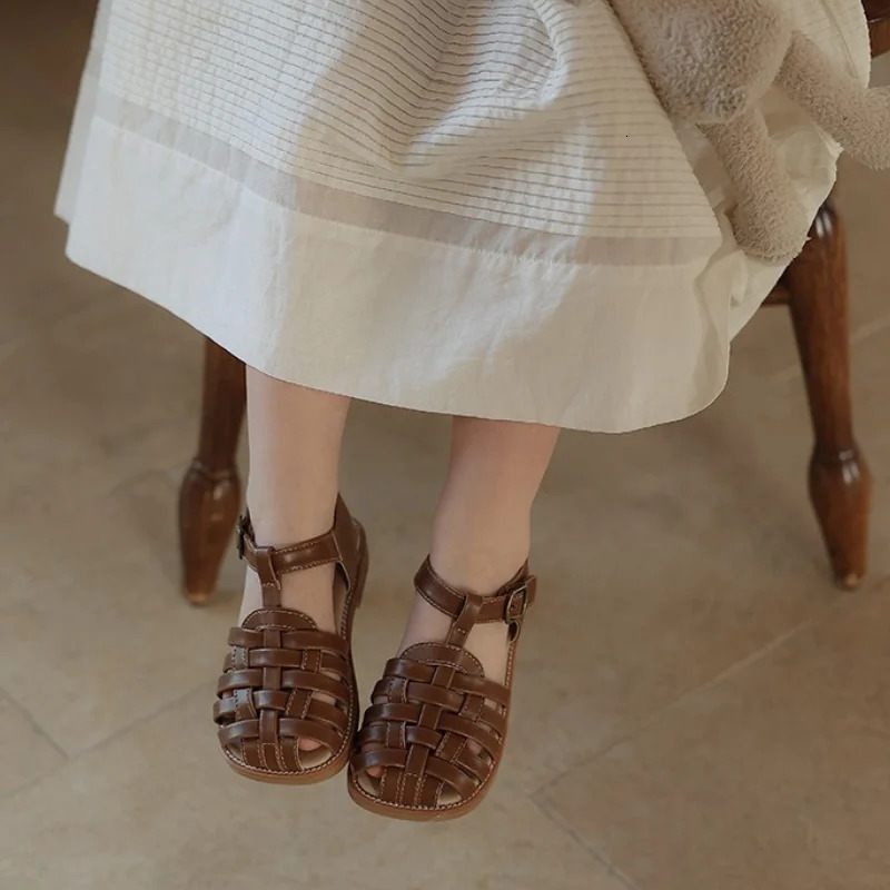 Unishuni Fashion Baby Boys Girls Sandals Children Braid Hollow-Out Summer Shoes Princess Kids Retro Soft Sole Casual Flats 22-31 250326