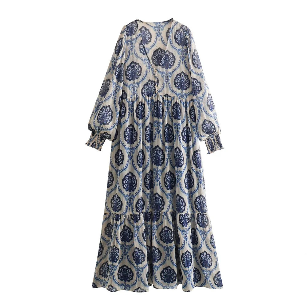 2024 ZAR SpringSummer European and American Fashion Casual Metal Line Printed Dress 250324