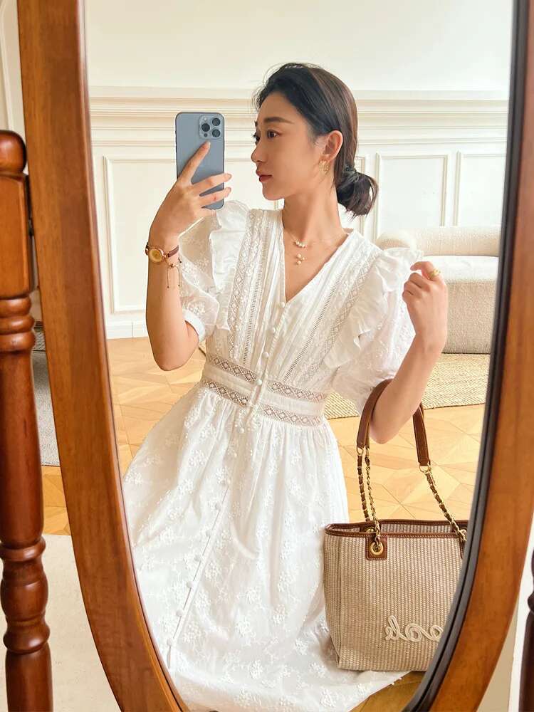 Dongdumaoyi Zomer Nieuwe Witte Franse Ontwerp Taille Kalkende Europese En Amerikaanse Dames Midi Jurk Elegante Socialite V Hals Voor