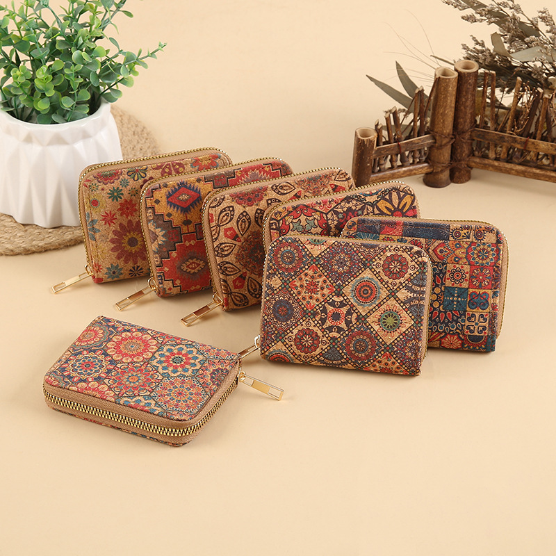 5pcs Wallets Women Cork Leather National Circle Printing Multifunctional Short Card Holder